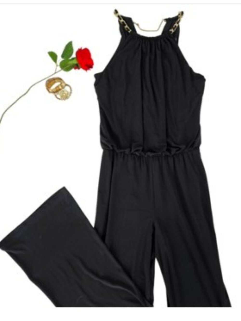 Laundry Women's Elegant Black Jumpsuit Size 10 Gold Chain Party Wide Leg Evening